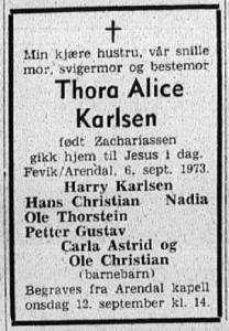 19730910 Agderposten Thora Karlsen dødsannonse